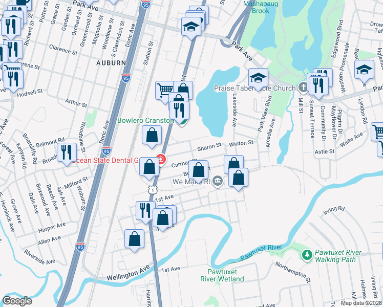 map of restaurants, bars, coffee shops, grocery stores, and more near 49 Sharon Street in Cranston