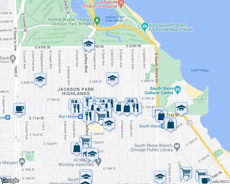 map of restaurants, bars, coffee shops, grocery stores, and more near 6937 South Merrill Avenue in Chicago