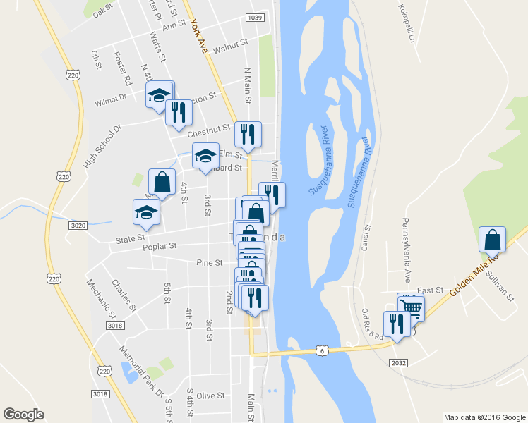 map of restaurants, bars, coffee shops, grocery stores, and more near 8 State Street in Towanda