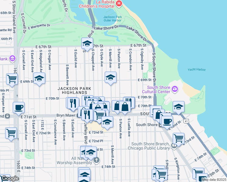 map of restaurants, bars, coffee shops, grocery stores, and more near 6937 South Merrill Avenue in Chicago