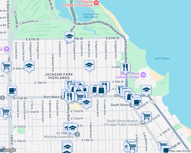 map of restaurants, bars, coffee shops, grocery stores, and more near 6936 South Paxton Avenue in Chicago