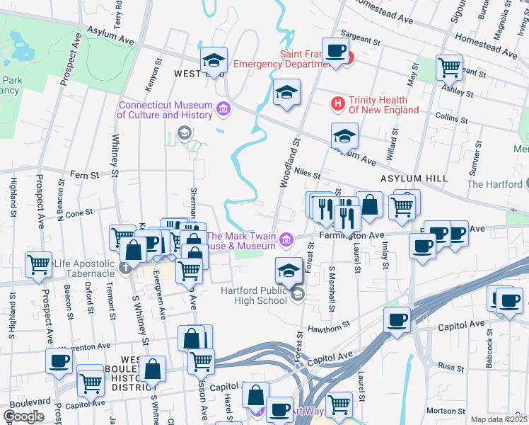 map of restaurants, bars, coffee shops, grocery stores, and more near 19 Woodland Street in Hartford