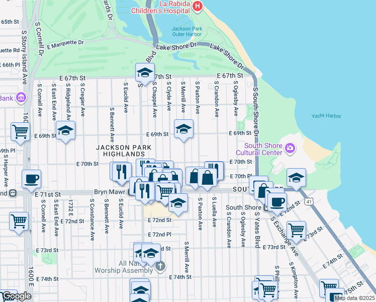 map of restaurants, bars, coffee shops, grocery stores, and more near 6940 South Merrill Avenue in Chicago
