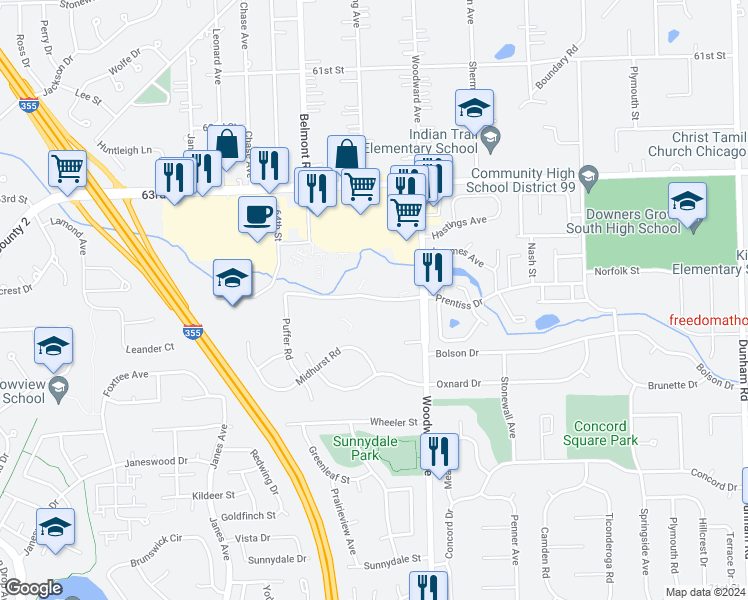 map of restaurants, bars, coffee shops, grocery stores, and more near 2113 Prentiss Drive in Downers Grove