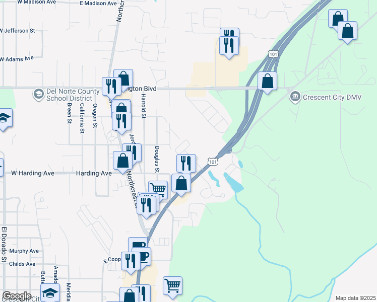 map of restaurants, bars, coffee shops, grocery stores, and more near A Dr in Crescent City