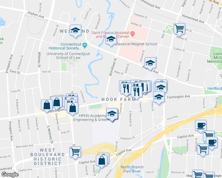 map of restaurants, bars, coffee shops, grocery stores, and more near 22 Woodland Street in Hartford