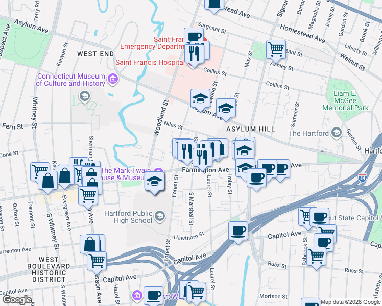 map of restaurants, bars, coffee shops, grocery stores, and more near 17 Marshall Street in Hartford