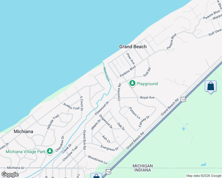 map of restaurants, bars, coffee shops, grocery stores, and more near 19343 Ravine Drive in New Buffalo