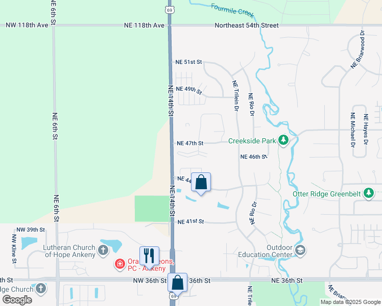 map of restaurants, bars, coffee shops, grocery stores, and more near 111 Northeast 46th Lane in Ankeny
