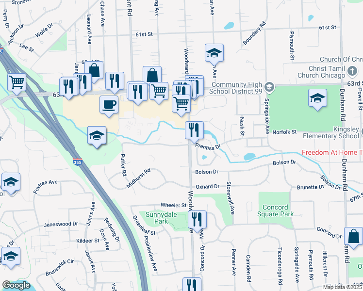 map of restaurants, bars, coffee shops, grocery stores, and more near 2025 Prentiss Dr in Downers Grove