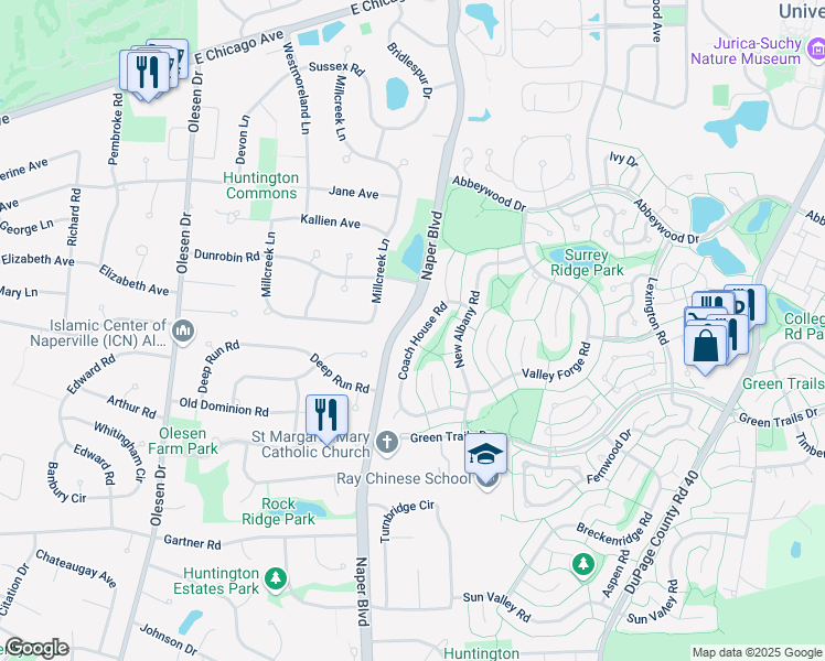 map of restaurants, bars, coffee shops, grocery stores, and more near 6448 Coach House Road in Lisle
