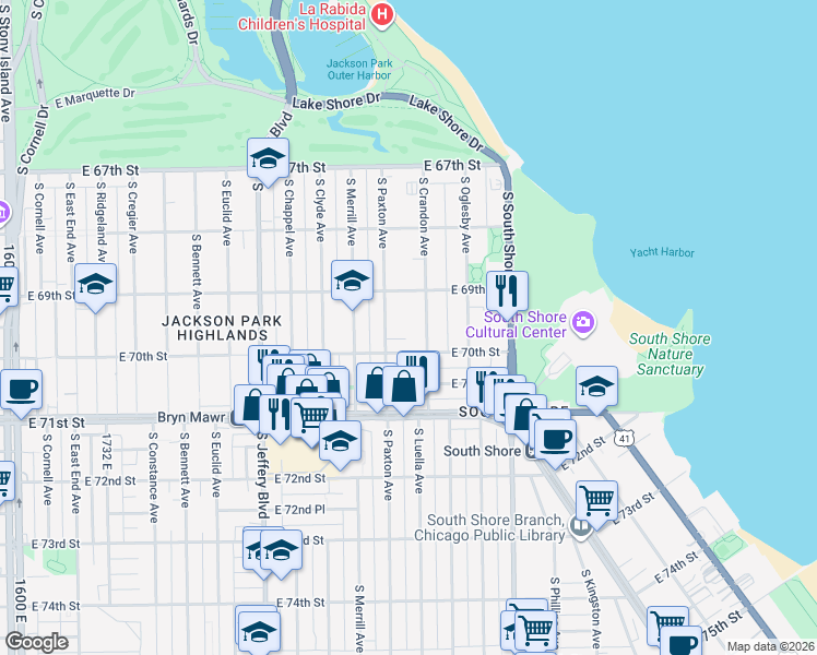 map of restaurants, bars, coffee shops, grocery stores, and more near 6928 South Crandon Avenue in Chicago