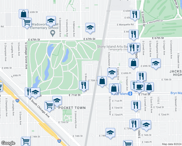 map of restaurants, bars, coffee shops, grocery stores, and more near 6936 South Kimbark Avenue in Chicago