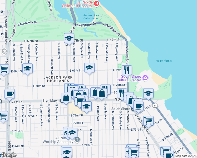 map of restaurants, bars, coffee shops, grocery stores, and more near 6917 South Paxton Avenue in Chicago