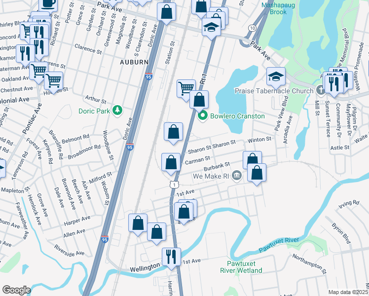 map of restaurants, bars, coffee shops, grocery stores, and more near 1500 Elmwood Avenue in Cranston