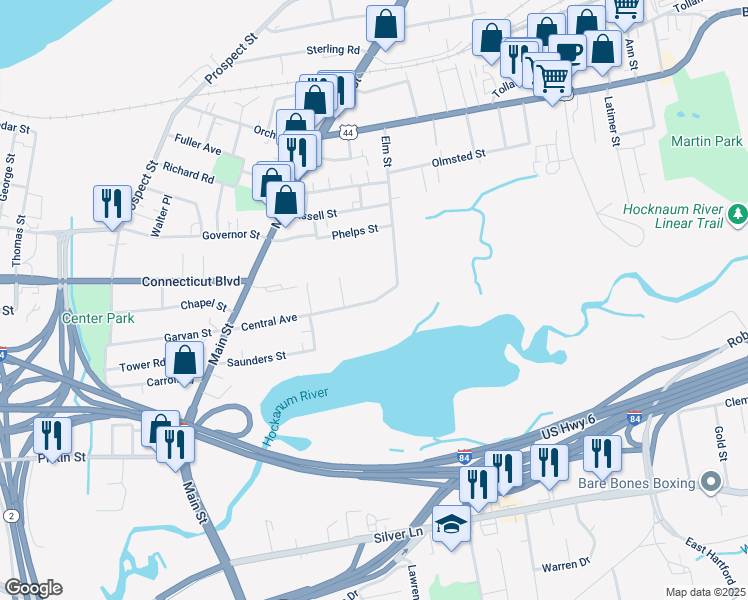 map of restaurants, bars, coffee shops, grocery stores, and more near 128 Central Avenue in East Hartford