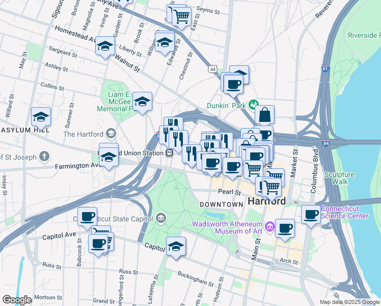 map of restaurants, bars, coffee shops, grocery stores, and more near in Hartford