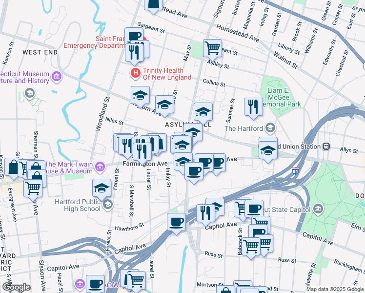 map of restaurants, bars, coffee shops, grocery stores, and more near 17 Niles Street in Hartford