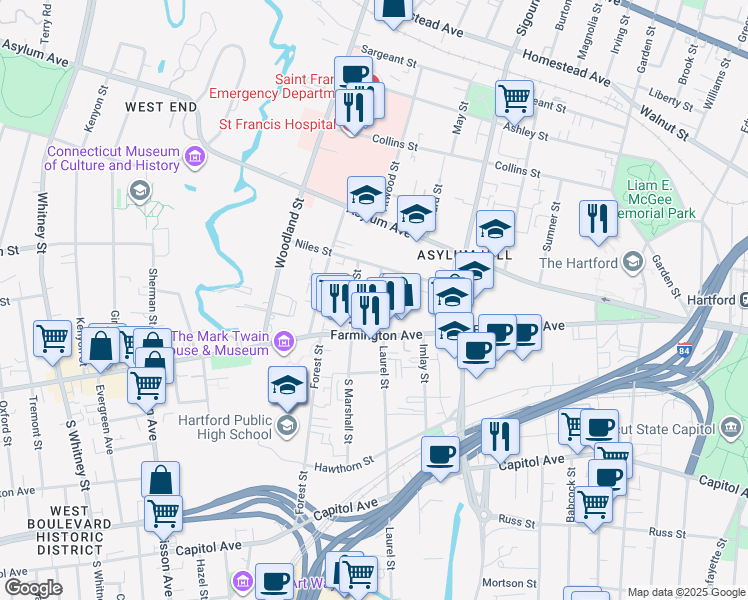 map of restaurants, bars, coffee shops, grocery stores, and more near 341 Laurel Street in Hartford