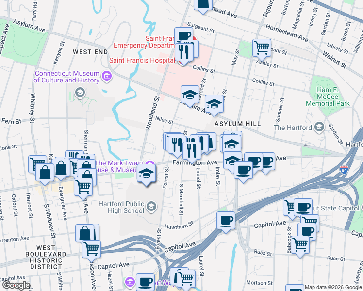 map of restaurants, bars, coffee shops, grocery stores, and more near 17 Marshall Street in Hartford