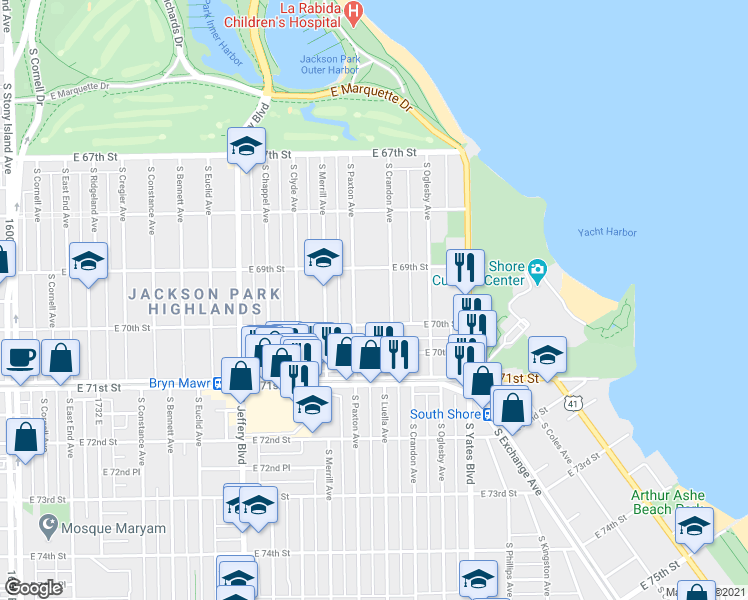 map of restaurants, bars, coffee shops, grocery stores, and more near 6928 South Crandon Avenue in Chicago