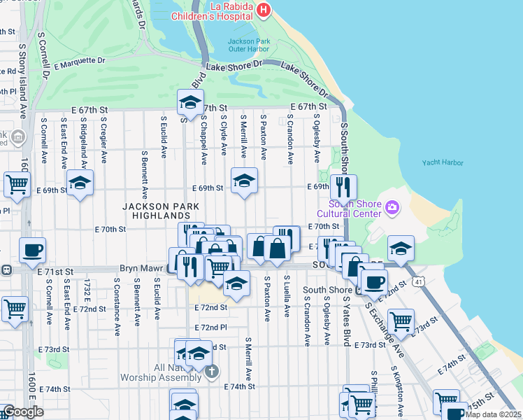 map of restaurants, bars, coffee shops, grocery stores, and more near 6917 South Paxton Avenue in Chicago