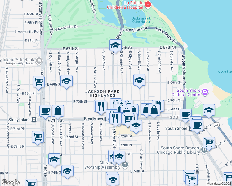 map of restaurants, bars, coffee shops, grocery stores, and more near 6925 South Jeffery Boulevard in Chicago