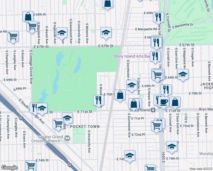 map of restaurants, bars, coffee shops, grocery stores, and more near 6930 South Kimbark Avenue in Chicago