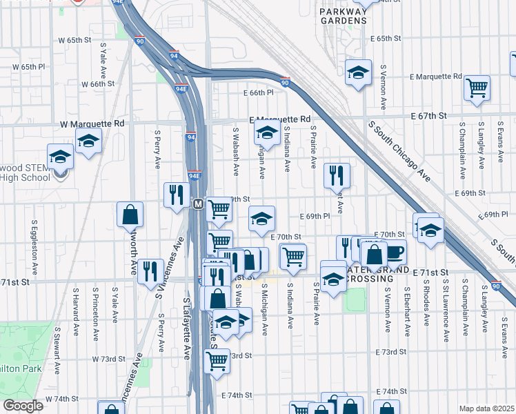 map of restaurants, bars, coffee shops, grocery stores, and more near 63 East 69th Street in Chicago