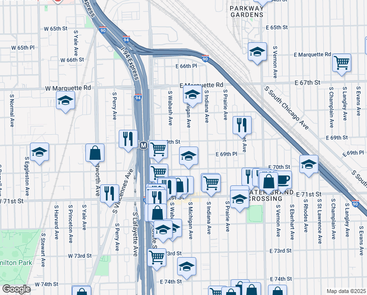 map of restaurants, bars, coffee shops, grocery stores, and more near 63 East 69th Street in Chicago