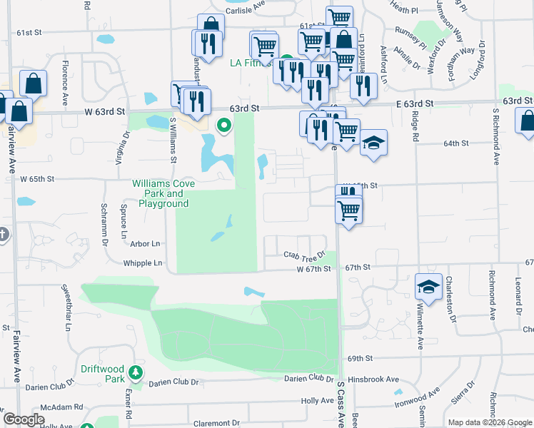 map of restaurants, bars, coffee shops, grocery stores, and more near 112 West 66th Street in Westmont