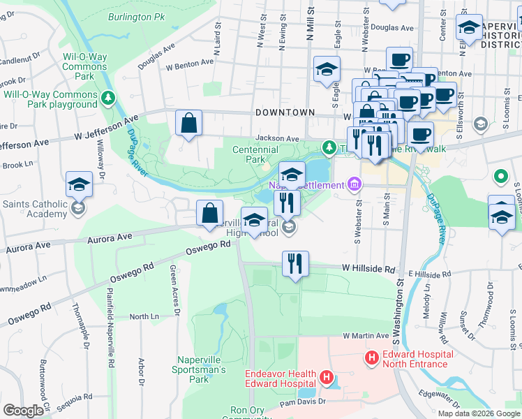 map of restaurants, bars, coffee shops, grocery stores, and more near 509 Aurora Avenue in Naperville