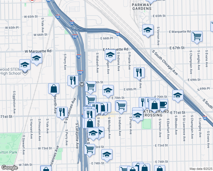 map of restaurants, bars, coffee shops, grocery stores, and more near 63 East 69th Street in Chicago