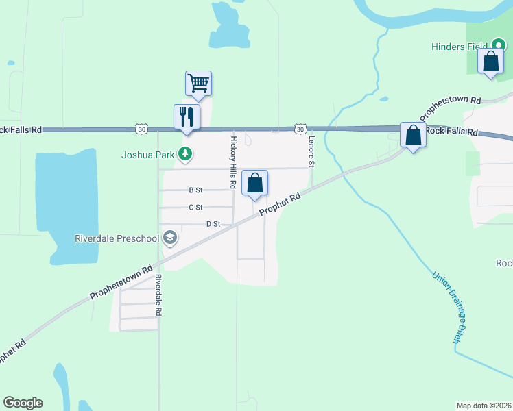 map of restaurants, bars, coffee shops, grocery stores, and more near 3005 Prophet Road in Rock Falls