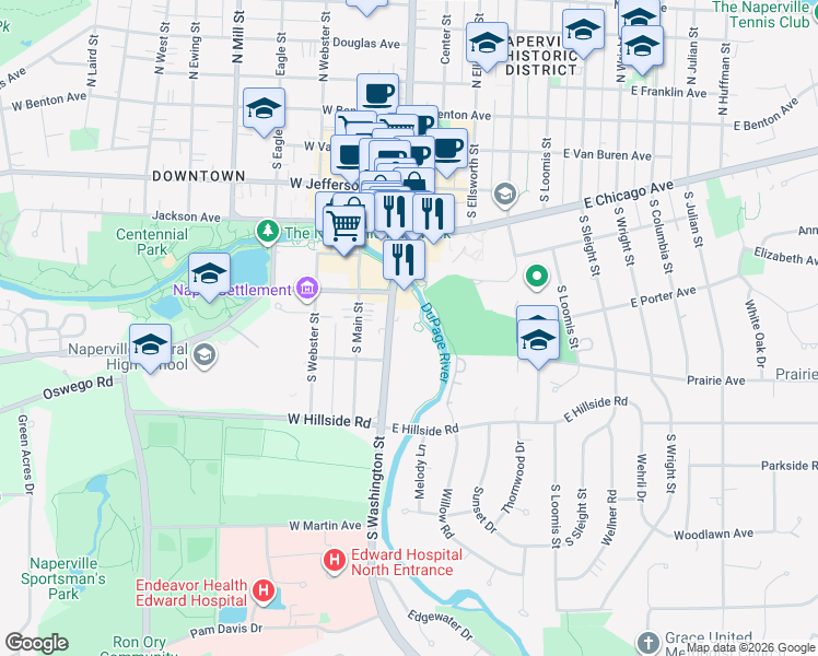 map of restaurants, bars, coffee shops, grocery stores, and more near 520 South Washington Street in Naperville