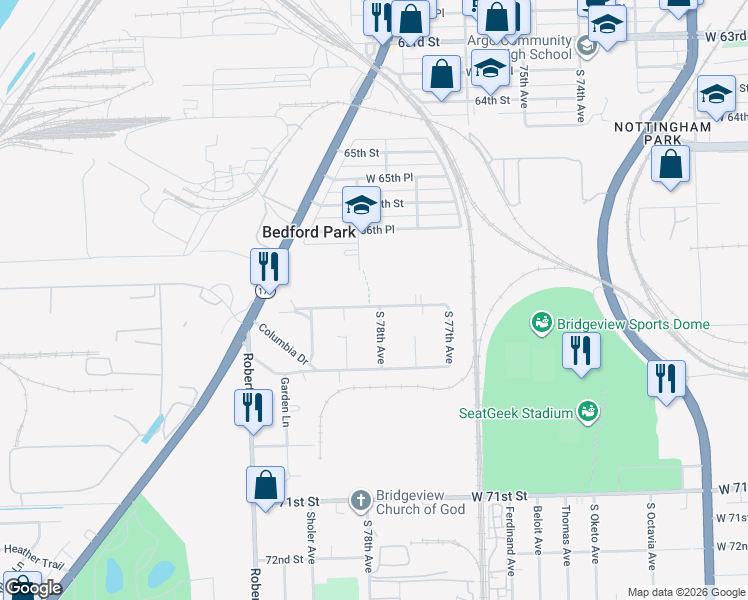 map of restaurants, bars, coffee shops, grocery stores, and more near 7800 Suburban Lane in Bridgeview