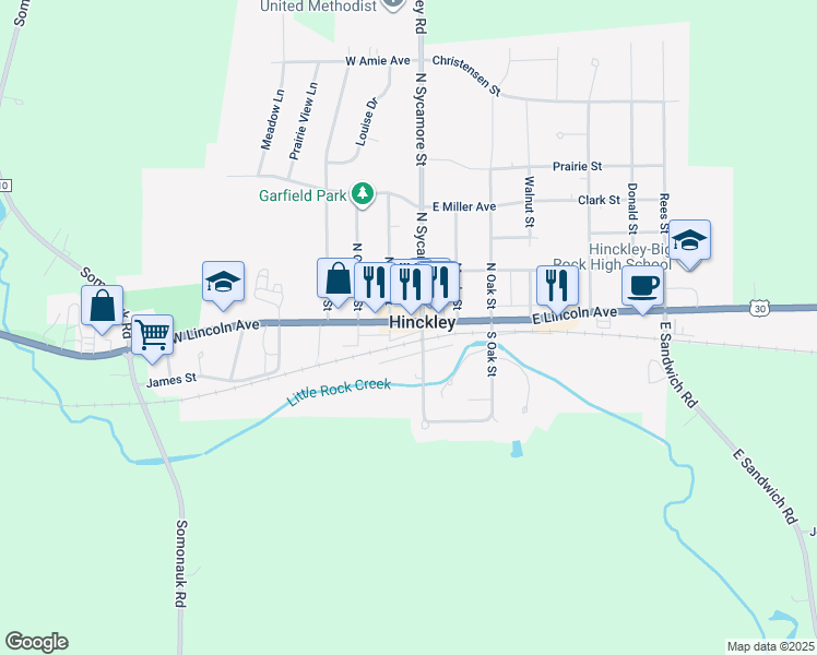 map of restaurants, bars, coffee shops, grocery stores, and more near 133 West Lincoln Avenue in Hinckley