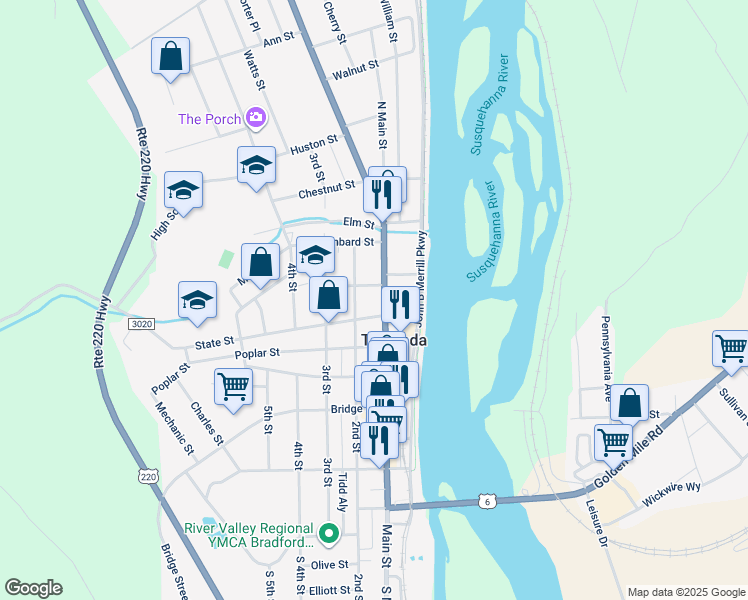 map of restaurants, bars, coffee shops, grocery stores, and more near 108 Main Street in Towanda