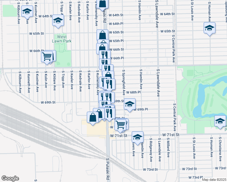 map of restaurants, bars, coffee shops, grocery stores, and more near 3938 West 68th Place in Chicago