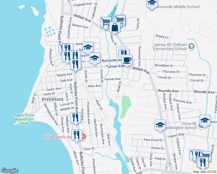 map of restaurants, bars, coffee shops, grocery stores, and more near 99 Allen Avenue in East Providence