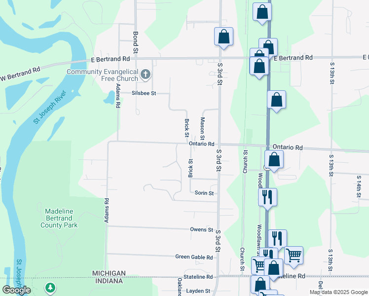 map of restaurants, bars, coffee shops, grocery stores, and more near 222 Ontario Road in Niles