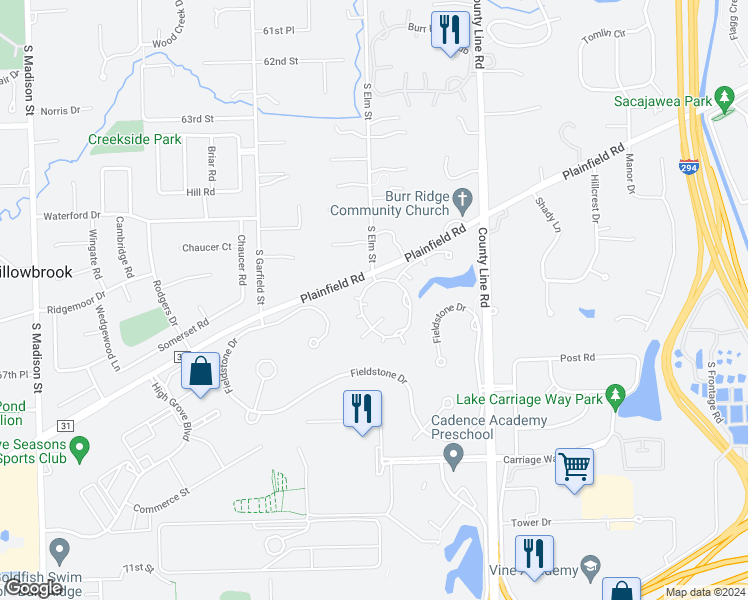 map of restaurants, bars, coffee shops, grocery stores, and more near 204 Kenmare Drive in Burr Ridge