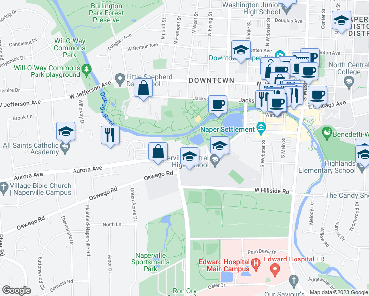 map of restaurants, bars, coffee shops, grocery stores, and more near 509 Aurora Avenue in Naperville
