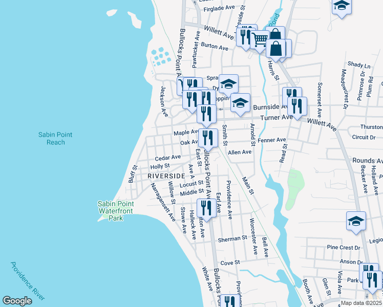 map of restaurants, bars, coffee shops, grocery stores, and more near 9 Cedar Ave in East Providence
