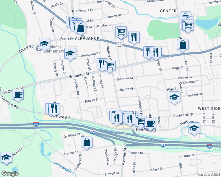 map of restaurants, bars, coffee shops, grocery stores, and more near 144 McKee Street in Manchester