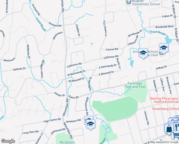 map of restaurants, bars, coffee shops, grocery stores, and more near 43 Gallaudet Drive in West Hartford