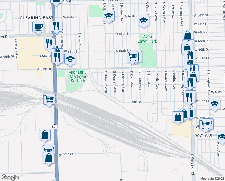 map of restaurants, bars, coffee shops, grocery stores, and more near 6816 South Kenneth Avenue in Chicago