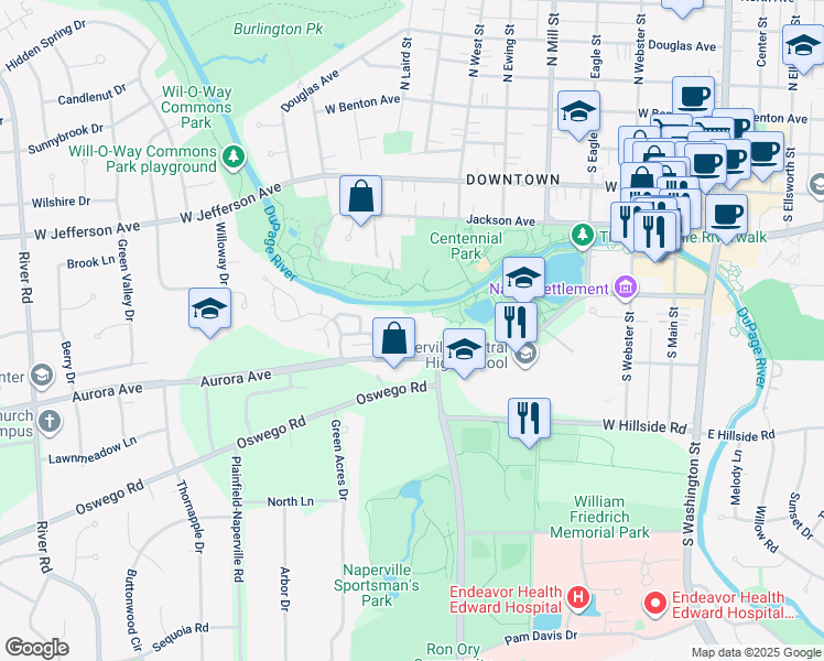 map of restaurants, bars, coffee shops, grocery stores, and more near 751 Aurora Ave in Naperville