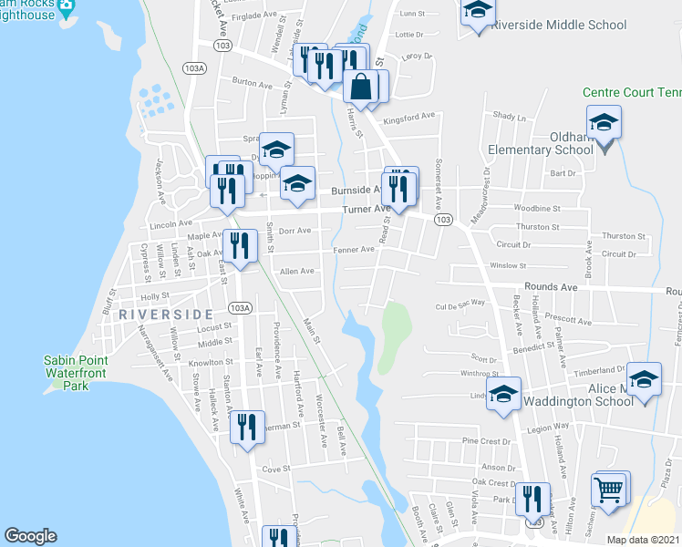 map of restaurants, bars, coffee shops, grocery stores, and more near 99 Allen Avenue in East Providence