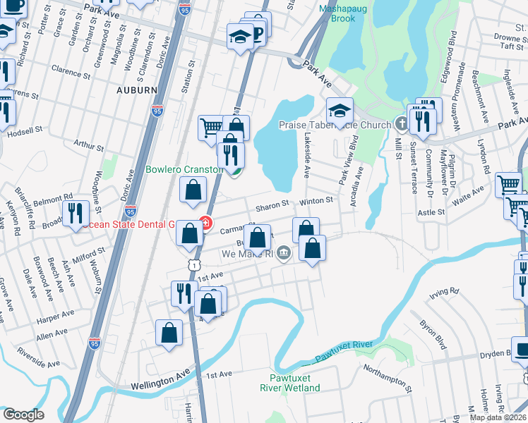 map of restaurants, bars, coffee shops, grocery stores, and more near 91 Sharon Street in Cranston